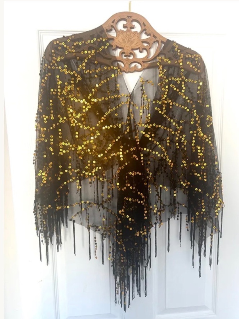 Sparkling black with brassy gold sequin wrap, Shawl, semi sheer